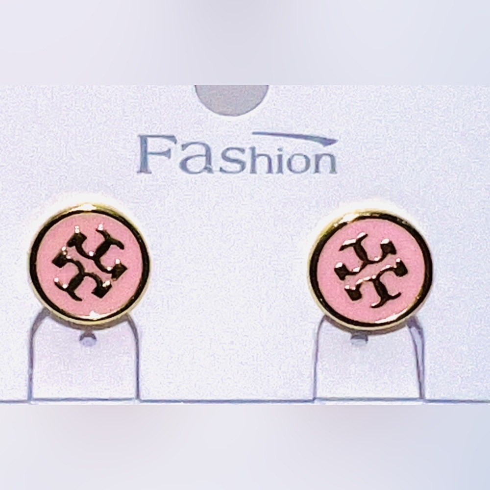 Tory Burch Inspired Pink and Gold Logo Earrings